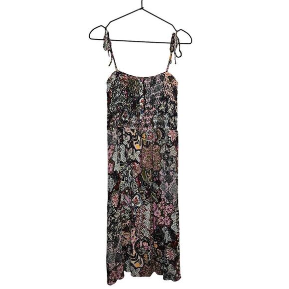Loft Boho Crinkle Tank Midi Smocked Tie Shoulder Dress SP Petite Multicolor‎ - Picture 1 of 5